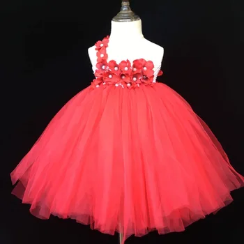 Красное платье-пачка для девочек, детское пышное тюлевое платье с одним плечом, бальное платье с жемчужной повязкой на голове, детские платья для свадебных вечеринок