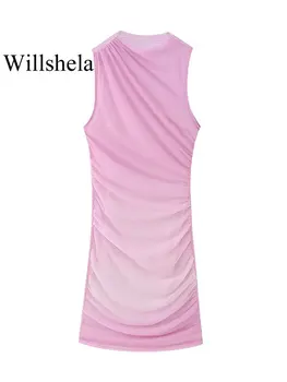 Willshela Женское модное тюлевое розовое плиссированное мини-платье, винтажные женские платья без рукавов с круглым вырезом, Шикарные женские платья