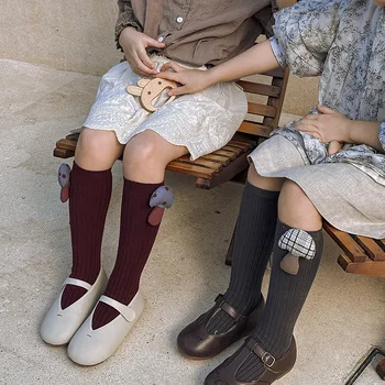 Носки для маленьких девочек Осень-зима, Детские Гольфы до колена, Однотонные Хлопчатобумажные Теплые носки с двойными иглами для малышей