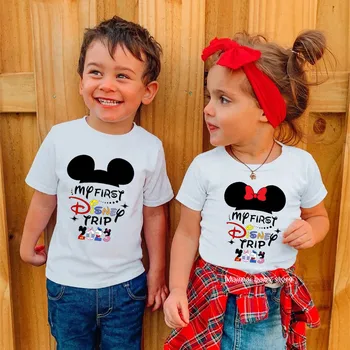 Новые детские футболки My First Disney Trip 2023, забавные футболки с коротким рукавом для мальчиков и девочек, футболка Disney Vacation, детская одежда с Микки и Минни