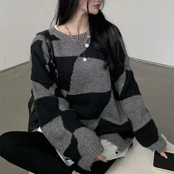 Свободная верхняя одежда с круглым вырезом, индивидуальный квадратный трикотажный пуловер контрастного цвета Sueter Mujer 2023, осенне-зимние свитера, женские свитера