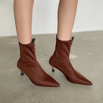 Элегантные шелковые сапоги-стрейч с носком, женская зимняя обувь на высоком каблуке-шпильке с острым носком, современные ботинки, тонкие ботинки до середины икры, mujer 2021