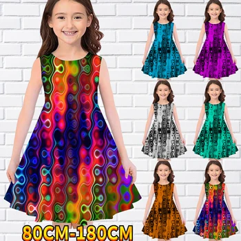 Детское Платье без рукавов для маленьких девочек, платье для девочек с 3D-принтом радуги, повседневное милое милое платье выше колена без рукавов 80-180 см