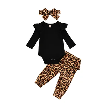 FOCUSNORM 3 шт. Комплекты одежды для маленьких девочек 0-18 м, однотонные комбинезоны с длинными рукавами, топы, Брюки с леопардовым принтом, повязка на голову