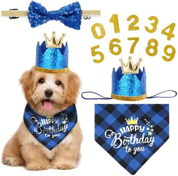 Комплект костюма для дня рождения собаки, шляпа с короной на день рождения собаки, клетчатая бандана с бабочкой и цифрами, комплект шарфа для дня рождения треугольника для собаки