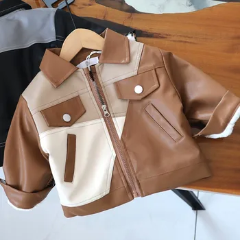 Новые кожаные пальто для мальчиков, толстые детские куртки, детская верхняя одежда Осень-зима 23-008
