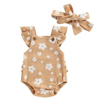 Комплект Комбинезонов на подтяжках для новорожденных девочек, повседневный комбинезон с цветочным принтом, с развевающимися рукавами и повязкой на голову 0-18 м