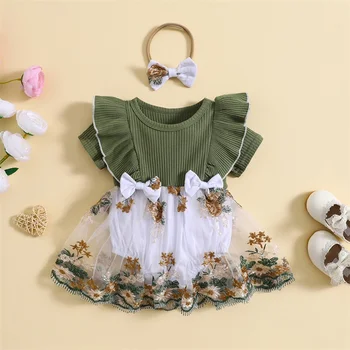 Citgeett Летнее Платье-боди для новорожденных девочек с цветочной вышивкой, Трикотажные комбинезоны с ребристыми оборками, комбинезон, повязка на голову с бантом, одежда