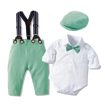 Джентльменский комбинезон для маленьких мальчиков, костюм для новорожденных, однотонный хлопковый комбинезон, пояс, шляпа с бантом, комплект для маленьких мальчиков, свадебный наряд на 1 день рождения
