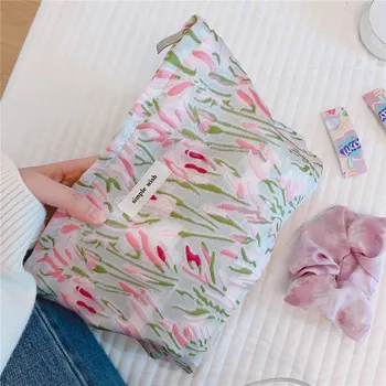 Свежая нежная домашняя сумка из розовой жаккардовой ткани с вишневым цветом, косметичка для макияжа, сумки для хранения большой емкости, клатч для путешествий