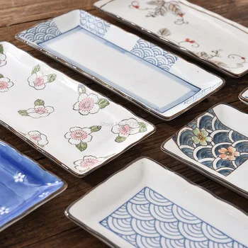 Высококачественная керамическая посуда в японском стиле высокотемпературного подглазурного цвета, коммерческая тарелка для суши, прямоугольная тарелка 