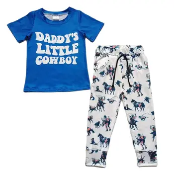 Бутик-футболки для маленьких мальчиков, Групповые костюмы с длинными штанами, Весенне-летняя повседневная одежда, комплекты одежды для ковбоев для малышей