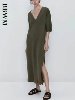 2023 Весенне-летнее Новое женское длинное простое и удобное платье с V-образным вырезом, высококачественное шикарное женское платье