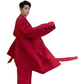 Весна 2021, корейский стиль, индивидуальный дизайн ленты, мужской повседневный красный костюм с свободной лентой для мужчин M-XL