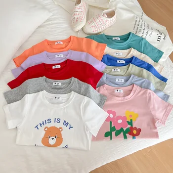 2023 Летняя Детская рубашка для мальчиков с принтом мультяшных животных и букв, пуловеры, топы, Муслиновая Футболка с дышащим низом для мальчиков-младенцев