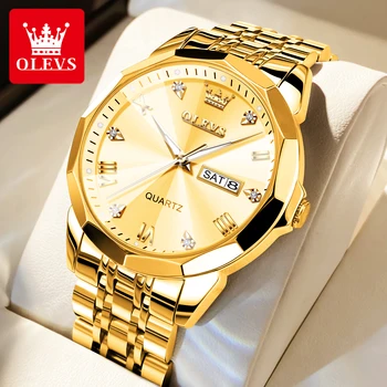 2023 OLEVS Золотые Мужские Наручные Часы Оригинальные Кварцевые Водонепроницаемые Светящиеся Стальные Часы для Мужчин Rhombus Mirror Luxury Relogio Masculino
