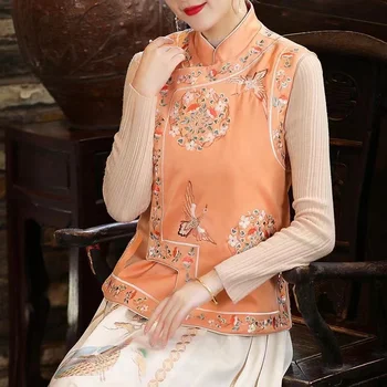 2023 Ранняя весна, толстое китайское платье в стиле Тан с вышивкой в западном стиле, стеганый кардиган с круглым вырезом, жилет, куртка для женщин