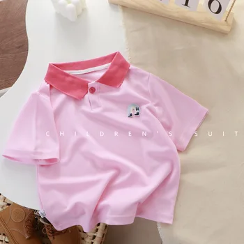 Контрастный топ, Летняя Новая одежда для мальчиков, Розовая рубашка поло для девочек, Повседневные спортивные футболки, Детские брендовые футболки из тонкого хлопка со свободными лацканами
