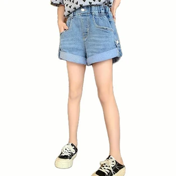 Короткие однотонные летние джинсы для девочек, джинсы в повседневном стиле для мальчиков, детская одежда для подростков 6, 8, 10, 12, 14