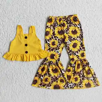 Новые дизайнерские комплекты одежды для маленьких девочек, желтый укороченный топ без рукавов с оборками и расклешенными штанами в виде подсолнуха, детская весенне-летняя одежда