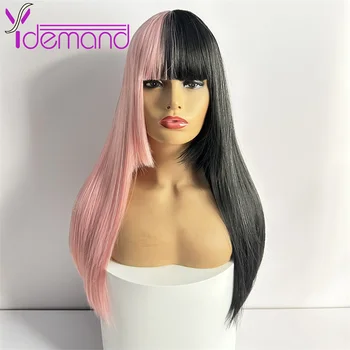 Y Востребованные синтетические парики, длинный прямой парик с челкой для женщин, натуральные волосы для косплея, розовая смесь, черные термостойкие волосы