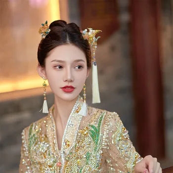 Новый китайский стиль Золотая Ступенчатая Диадема-качалка с длинной кисточкой На задней панели Классические Этнические Аксессуары для волос невесты