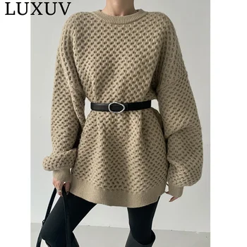 LUXUV 2023 Женские однотонные пуловеры элегантного дизайна, шикарные вязаные свитера с круглым вырезом и длинным рукавом, офисные женские модные повседневные топы