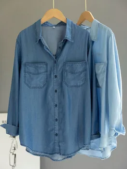 Корейская шикарная джинсовая блузка с карманами, женская однобортная джинсовая рубашка с длинным рукавом 2023, весенний Новый прилив