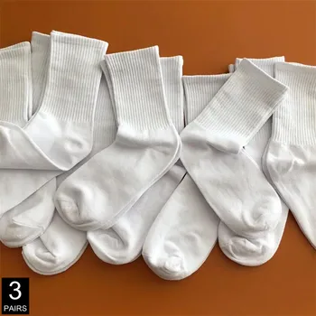 3 пары однотонных черных/белых мужских/женских спортивных носков в стиле колледжа, простые носки средней длины из 100% хлопка для студентов