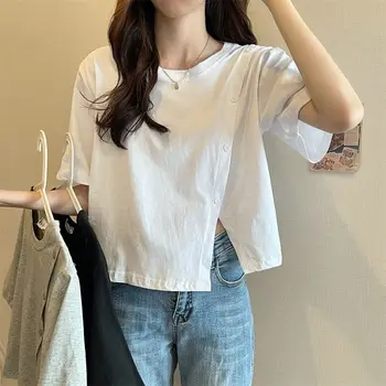 Женская тонкая футболка с короткими рукавами, летний новый стиль, модный дизайн, нишевый шикарный белый короткий топ с разрезом
