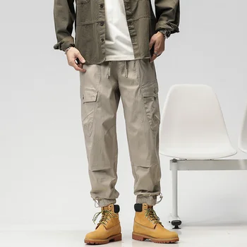 Модные брендовые мужские однотонные брюки-карго с множеством карманов, уличная одежда, мешковатые укороченные брюки на завязках, свободные комбинезоны в стиле Vibe, брюки