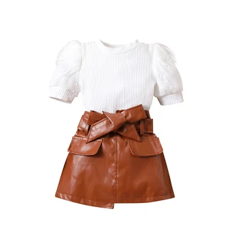 Модные комплекты летней одежды для маленьких девочек FOCUSNORM от 1 до 6 лет, вязаные топы с меховыми рукавами + юбка-трапеция из искусственной кожи с поясом