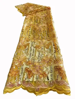 2022 Африканская кружевная ткань Высококачественная органза, вышивка французским шнуром, золотые блестки, тюлевая кружевная ткань для вечернего платья в нигерийском стиле