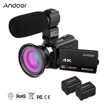 Andoer Цифровая видеокамера WiFi 4K 1080P 48MP, видеокамера-рекордер с макрообъективом, внешний микрофон, 16-кратный цифровой зум.