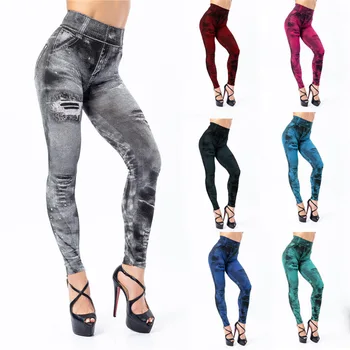 Суперэластичные брюки из искусственного денима, женские леггинсы с высокой талией, спортивные брюки, жаккардовые джинсы, женские новые укороченные брюки в африканском стиле, женские