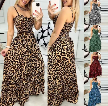 2023 Летнее Леопардовое платье на подтяжках с V-образным вырезом, юбка с высокой талией, Длинная юбка Va Va Voom, Женские пляжные платья без рукавов