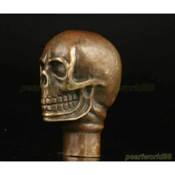 Азиатская китайская старая бронзовая медная статуэтка черепа ручной работы с резьбой в виде трости