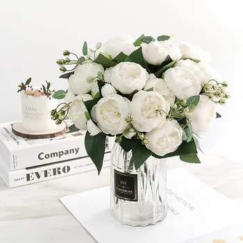 букет из искусственных цветов с розой и белым пионом 30 см, 5 больших головок и 4 бутона, Дешевые Искусственные цветы для домашнего свадебного украшения в помещении