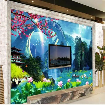 масштабные фрески wellyu на заказ, фантастический пейзаж с потоком сырой воды, пейзаж с лотосом, фреска на фоне стены
