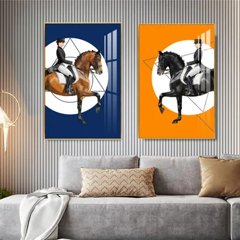 Современная Выездка Chevaux Horse Rider Синие Оранжевые Плакаты На Холсте Настенные Художественные Принты для Гостиной Украшения Дома