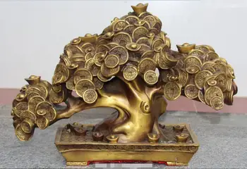 17-дюймовая китайская бронзовая статуя дерева Wealth Money Yuanbao Shake Qian Shu с пейзажами