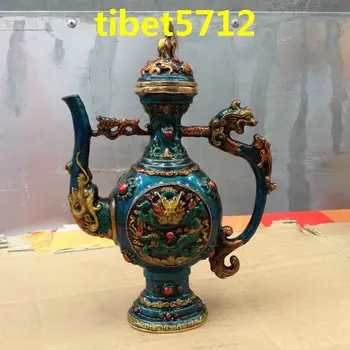 Тибетская классическая статуя дракона бронзового цвета, бутылка для цветов, чайник высотой 22 см, Садовое украшение, 100% настоящее тибетское серебро, латунь