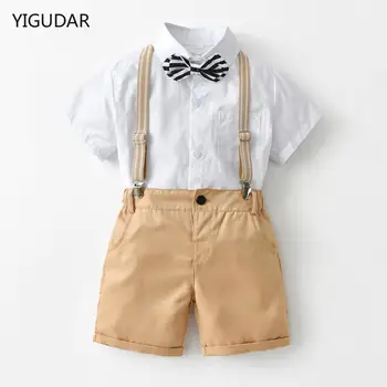 Летний детский строгий костюм для мальчика с коротким рукавом с рубашкой + брюки на подтяжках Повседневная одежда Джентльменский комплект 2ШТ
