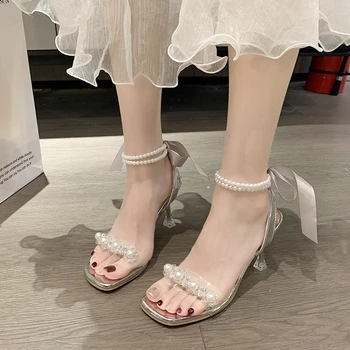 Сандалии туфли Женские 2023 мода лодыжки ремень женские летние сандалии каблуки партии элегантный жемчуг квадратный носок дамы на высоких каблуках