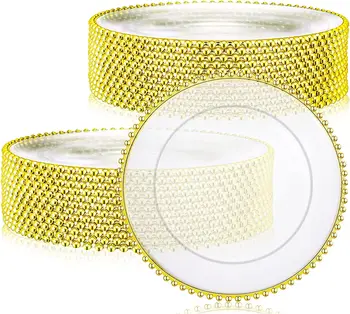 100шт/200ШТ Прозрачные пластиковые зарядные тарелки премиум-класса с золотым бисерным ободком, декоративная сервировочная тарелка для вечеринок, свадеб и других мероприятий