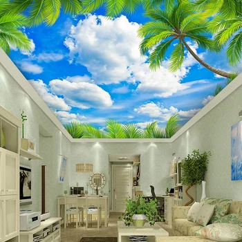 Пользовательские Зеленые Листья Голубое Небо Белые Облака Зенит Потолок 3D Фреска Современная Спальня Гостиная Украшение Потолка Фреска Обои