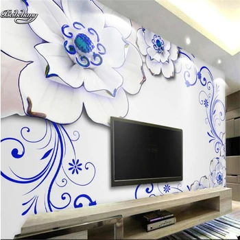 классический фон для телевизора beibehang с тиснением в виде сине-белой магнолии, выполненный на заказ из нетканого материала fresco большого размера