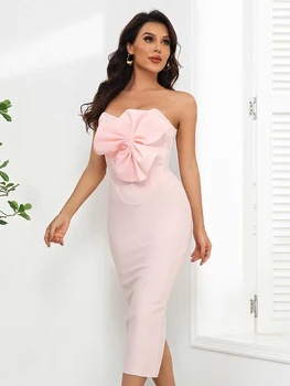BEAUKEY 2023 Для женщин, Зимнее Сексуальное бандажное платье, облегающее платье с розовым бантом, Элегантное вечернее платье с цветочной открытой спиной, клубные платья знаменитостей, Vestidos