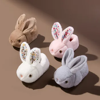 Детские Хлопковые тапочки с кроликом для мальчиков и девочек, зимняя домашняя теплая обувь, Детские Милые Тапочки с кроликом для домашней спальни, Нескользящие Горячие
