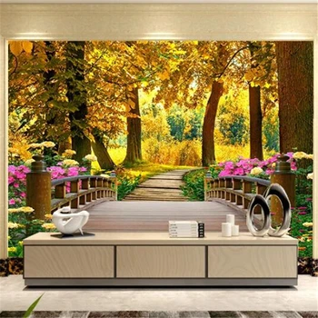 бейбехан Пользовательские обои 3d фрески золотые тропы, обсаженные деревьями цветы деревянный мост пейзажные фрески papel de pared 3d обои